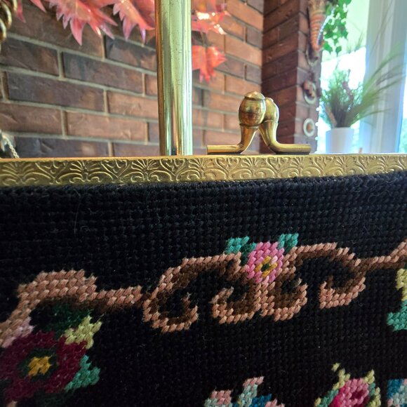 Vintage Black & Floral Needlepoint / Tapestry Bag with Gold Embossed Metal Hardw - Picture 3 of 14